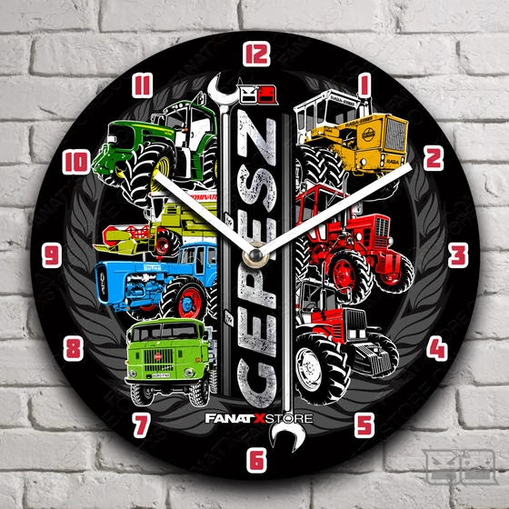 GÉPÉSZ Traktoros falióra  - A terméken látható a GÉPÉSZ mintánk, amelyen szerepel RÁBA steiger, Belarus MTZ 82, Belarus MTZ 892.2, John Deere, Claas dominator kombájn, Dutra D4k traktor  IFA W50